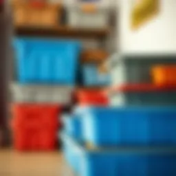 Heavy-duty plastic tote boxes stacked for efficient storage