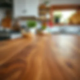 A close-up view of a beautifully finished butcher block countertop showcasing wood grain patterns