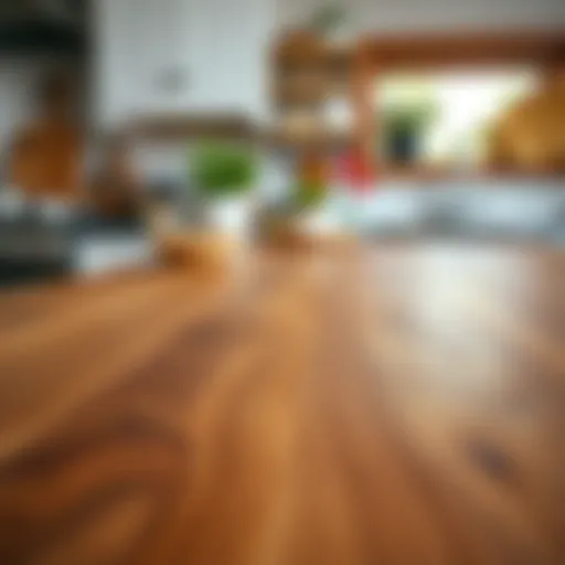 A close-up view of a beautifully finished butcher block countertop showcasing wood grain patterns