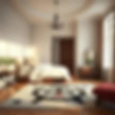 An elegant bedroom adorned with a subtle cat print rug