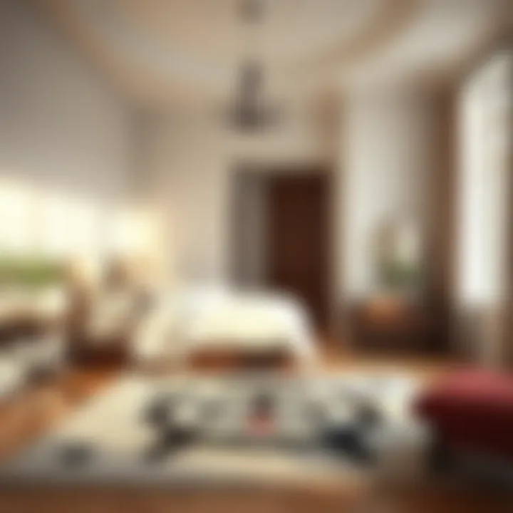 An elegant bedroom adorned with a subtle cat print rug