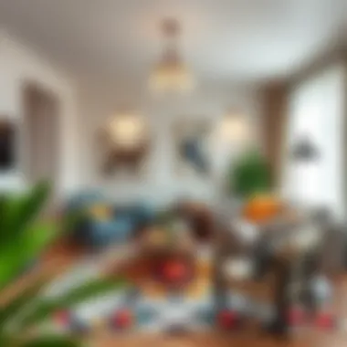 A stylish living room featuring a vibrant cat print rug