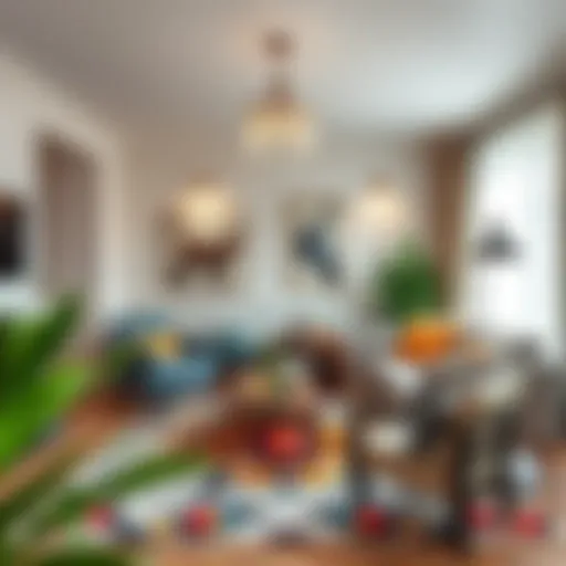 A stylish living room featuring a vibrant cat print rug