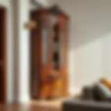 Elegant corner cabinet showcasing rich wood finish and intricate design.