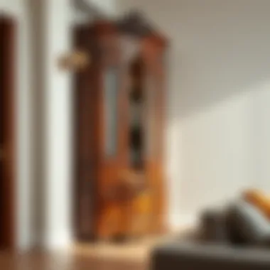 Elegant corner cabinet showcasing rich wood finish and intricate design.