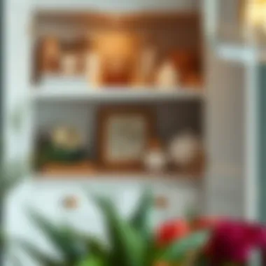 Well-organized corner cabinet with decorative items and practical storage.