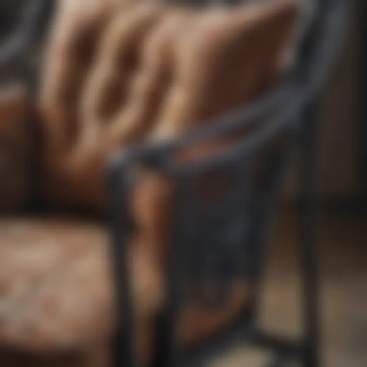 Close-up of cushion fabric textures for wrought iron chairs