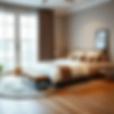 Stylish bedroom showcasing rug placement and size