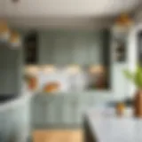 Stylish gray green kitchen cabinets in a modern setting