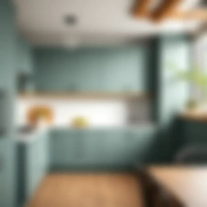 Minimalist kitchen that harmonizes gray green cabinets with wooden accents