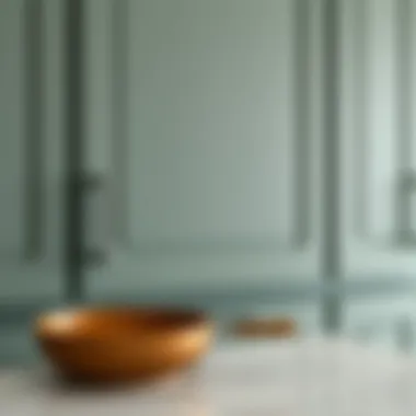 Close-up of gray green cabinetry with textured finish