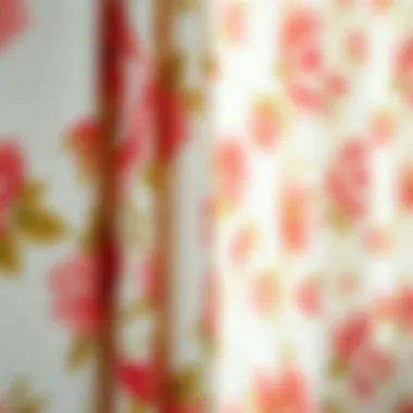 Fabric Texture and Quality Close-up of fabric texture in white and pink floral curtains