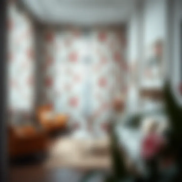 Stylish Modern Interior with Floral Curtains Modern interior featuring white and pink floral curtains in a stylish setting