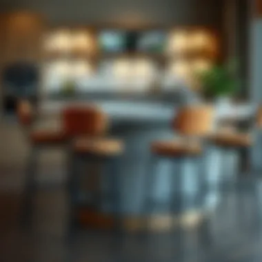 Contemporary bar height stools with arms arranged around a stylish counter