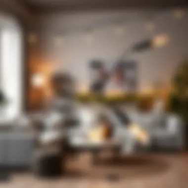 Elegant black string lights illuminating a cozy living room