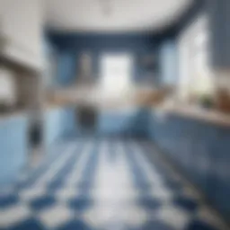 Elegant blue and white linoleum flooring in a modern kitchen