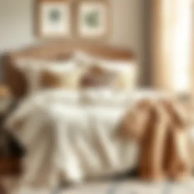 A cozy bedroom featuring cream colored bed in a bag set with decorative pillows