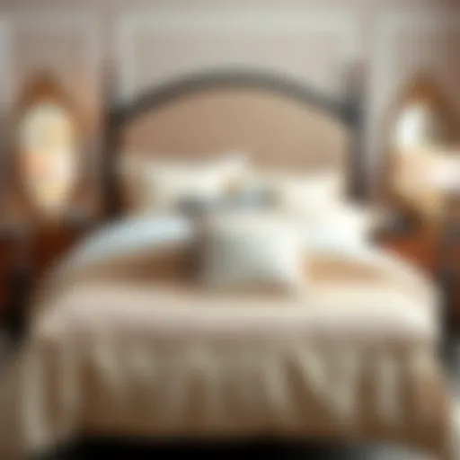 Elegant cream colored bedding ensemble on a stylish bed frame