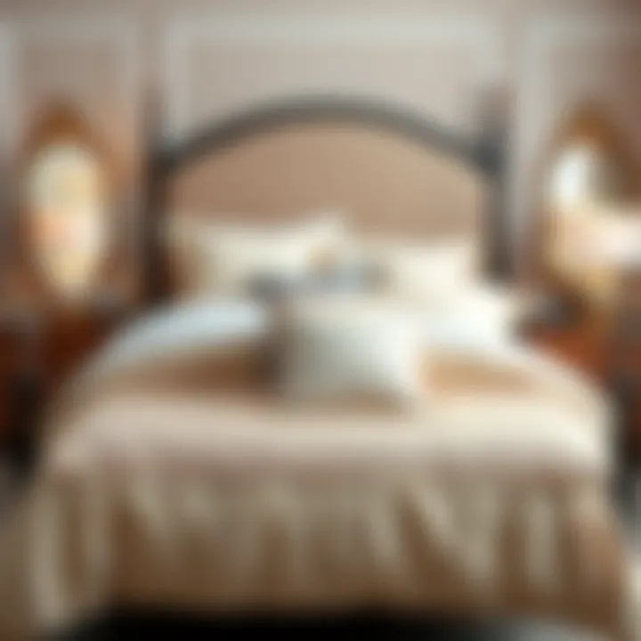 Elegant cream colored bedding ensemble on a stylish bed frame