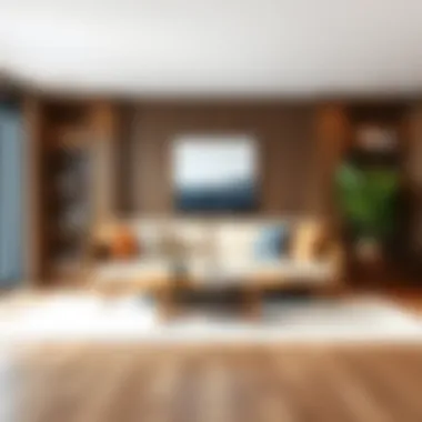 Elegant wooden futon couch bed in a modern living room setting