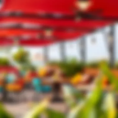 Trendy outdoor seating arrangement with vibrant decor