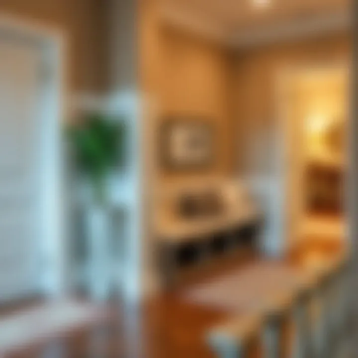 Elegant entrance hallway enhanced by a bench with practical storage space.