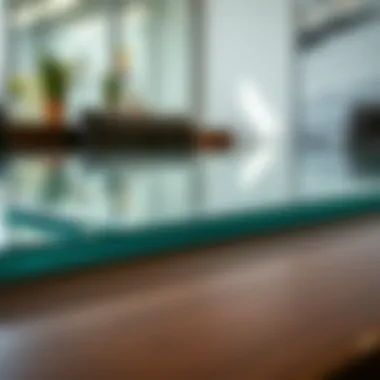 Close-up of a glass surface on an office table showcasing its clarity and finish