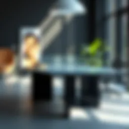 Modern office table with a sleek glass top reflecting natural light