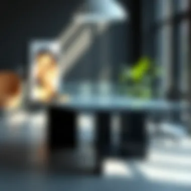 Modern office table with a sleek glass top reflecting natural light