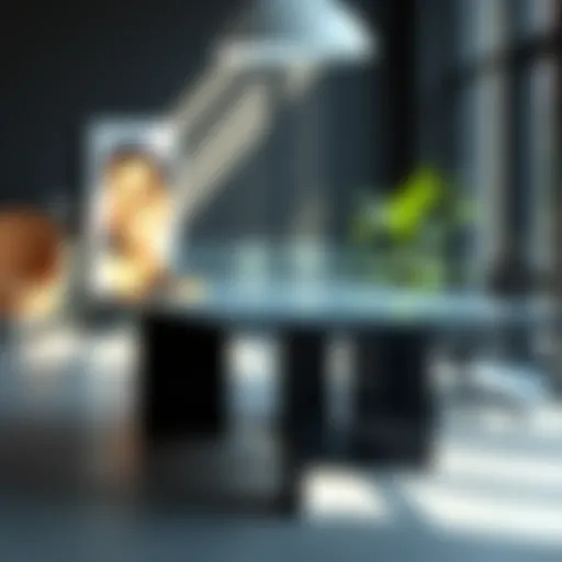 Modern office table with a sleek glass top reflecting natural light