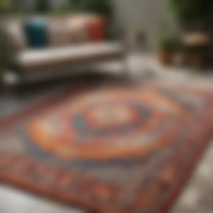 A vibrant large area rug enhancing an outdoor patio space