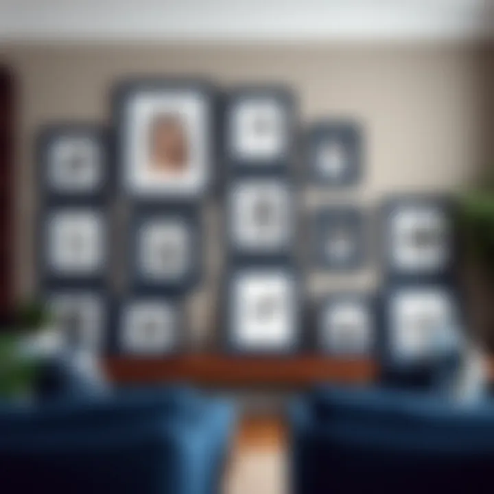 Navy blue 4x6 picture frames arranged in a modern interior setting