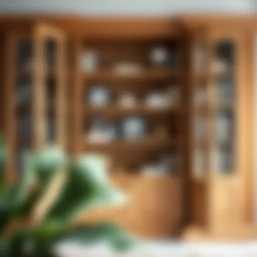 Elegant oak bookshelf with doors showcasing books and decor