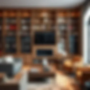 Stylish living room featuring oak bookshelves with glass doors