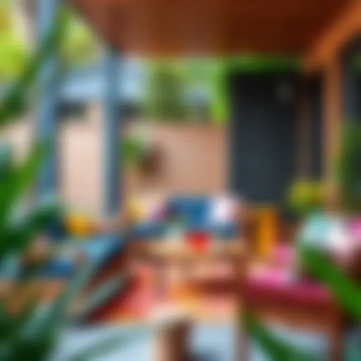 Contemporary outdoor seating area with vibrant colors and greenery