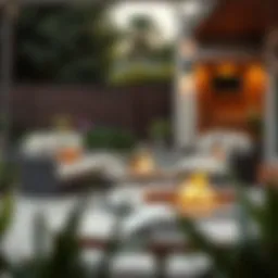 Luxurious outdoor lounge setting with elegant cushions and a fire pit