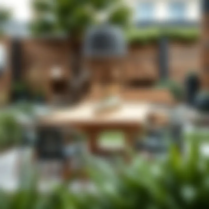 Sustainable wood dining table surrounded by stylish chairs in a garden