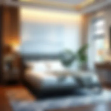 Interior design example integrating a stationary queen bed frame