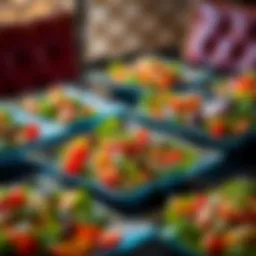 Elegant arrangement of square glass salad plates with vibrant salads