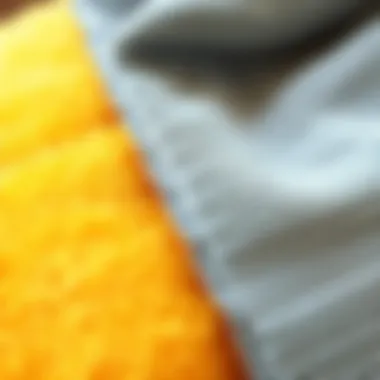Close-up of plush yellow towel contrasted with a sleek gray towel