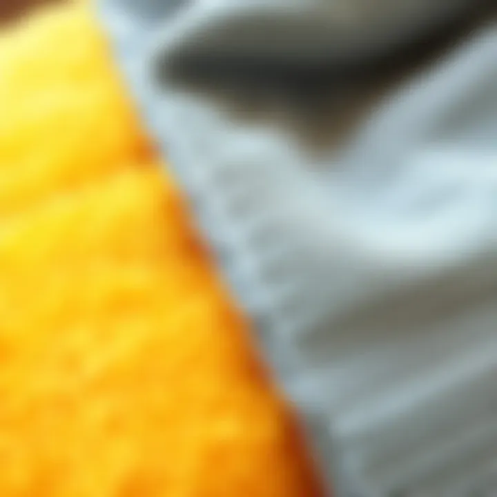 Close-up of plush yellow towel contrasted with a sleek gray towel