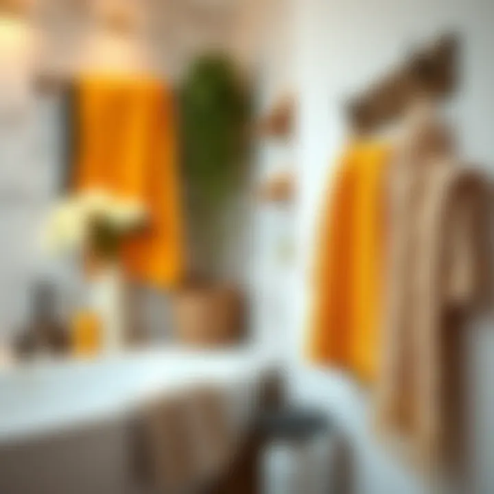 Cozy bathroom featuring yellow and gray towels paired with complementary decor