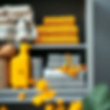 Colorful arrangement of home textiles including yellow and gray towels on a shelf