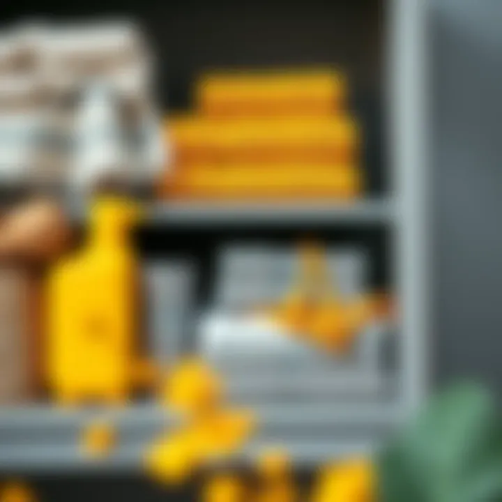 Colorful arrangement of home textiles including yellow and gray towels on a shelf