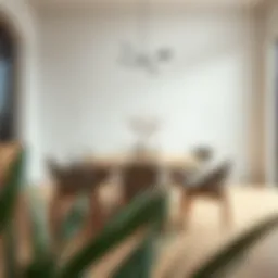 Elegant round dining table made of light wood in a modern dining room