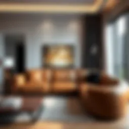 Elegant firm leather sofa in a modern living room