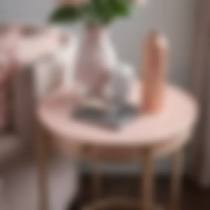 Close-up of blush side table with decorative items