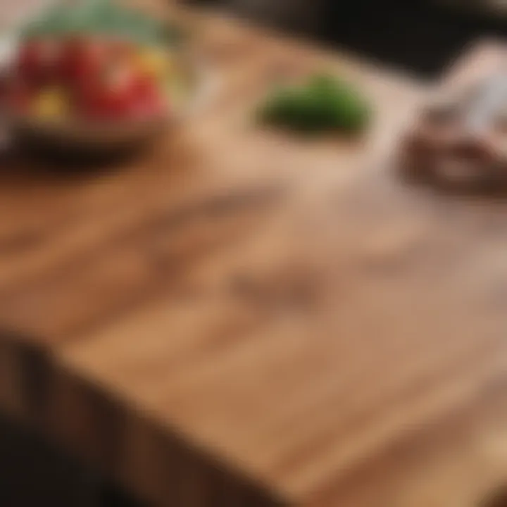 Close-up of a butcher block surface highlighting wood texture and finish