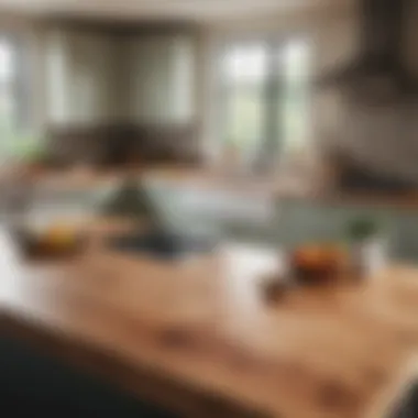 Stylish kitchen featuring a prominent butcher block work surface