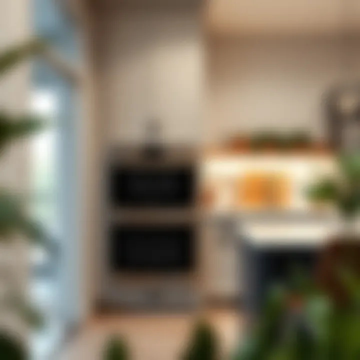 An installation overview of a wall oven base cabinet in a contemporary kitchen setting.